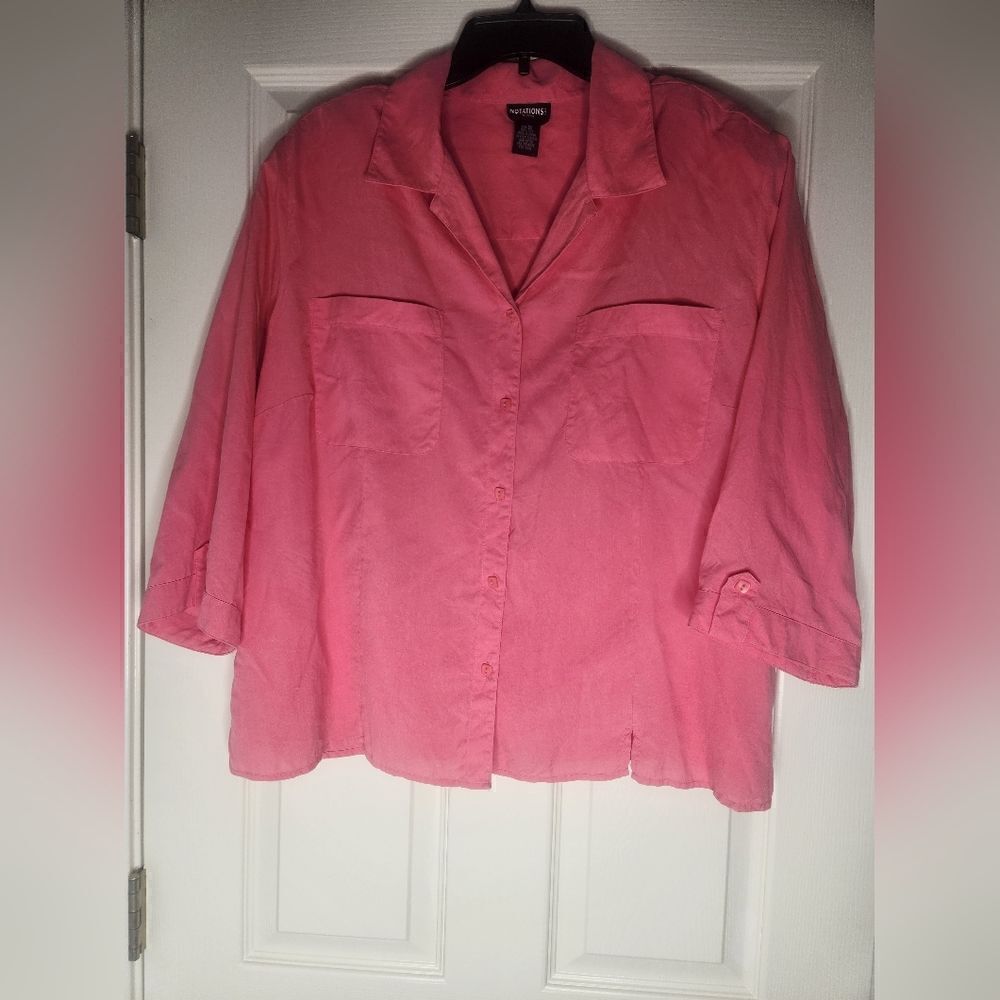 Vtg Nations Silk 2X 100%SILK  Pink 3/4 Slve Pockets ButtonsUp Women ShirtBlouse